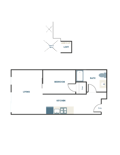 Floor plan for 1 bed, 1 bath, 433 sqft